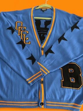 BoohooMAN | Oversized Blue Cardigan with Black Lettering and Orange Trim